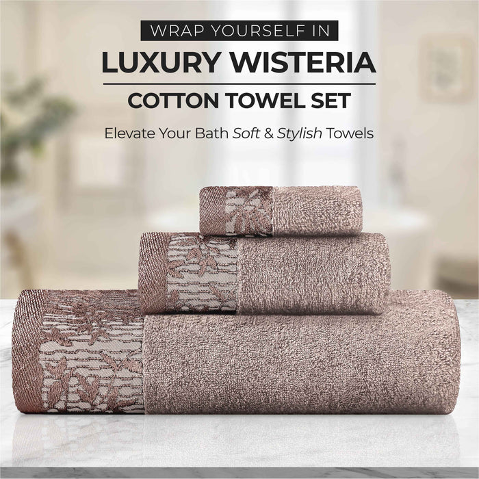 Wisteria Cotton Floral Embroidered Jacquard Border Bath Towel Set of 4