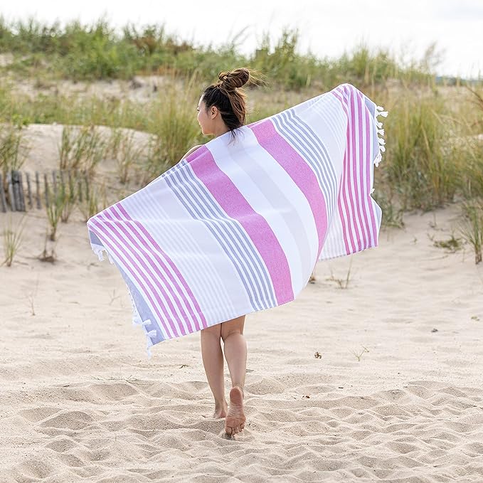 Meera Stripe Fouta 4 Piece Beach Towel Set with Tassels - Fuschia