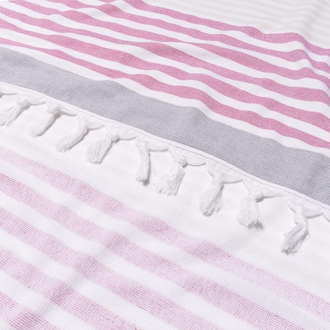 Meera Stripe Fouta 2 Piece Beach Towel Set with Tassels - Fuschia