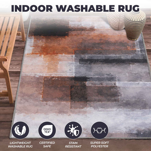 Goa Abstract Patchwork Washable Indoor Area Rug or Runner - Rust