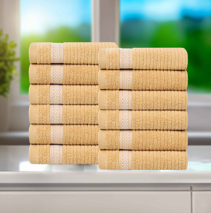 Zero Twist Cotton Ribbed Geometric Border Plush Face Towel Set of 12