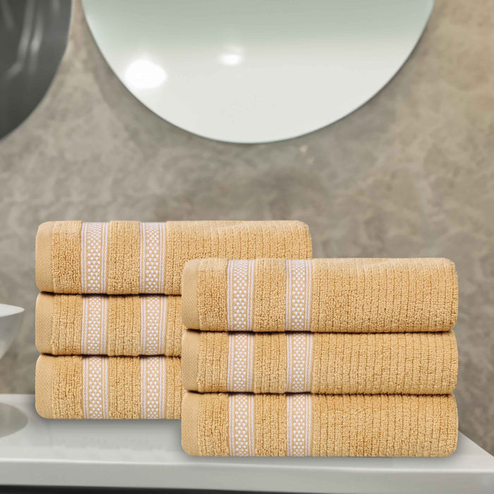 Zero Twist Cotton Ribbed Geometric Border Plush Hand Towel Set of 6