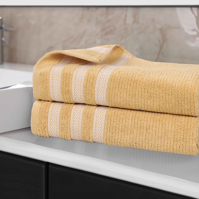 Zero Twist Cotton Ribbed Geometric Border Plush Bath Sheet Set of 2