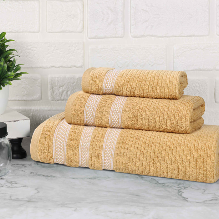 Zero Twist Cotton Ribbed Geometric Border Plush 3 Piece Towel Set