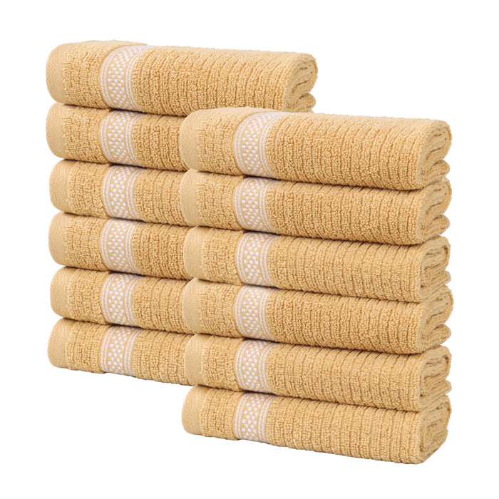 Zero Twist Cotton Ribbed Geometric Border Plush Face Towel Set of 12