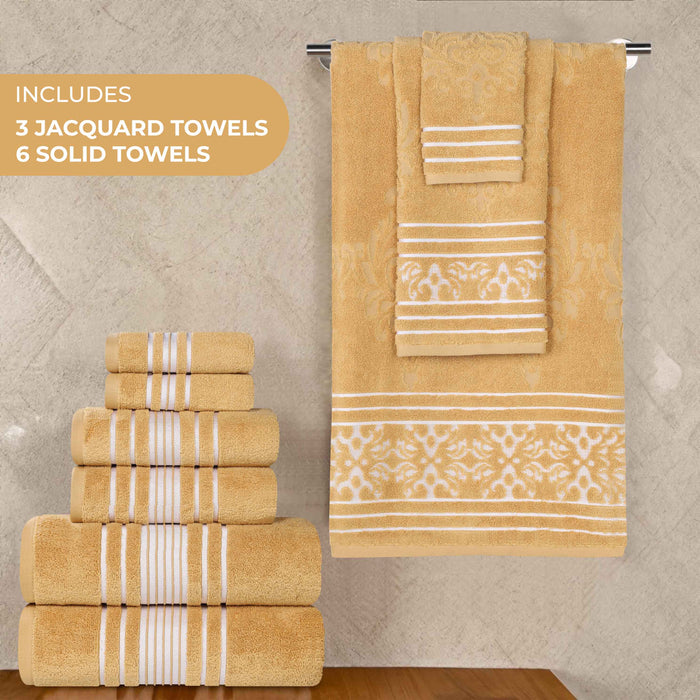 Sadie Zero Twist Cotton Solid and Jacquard Floral 9 Piece Towel Set