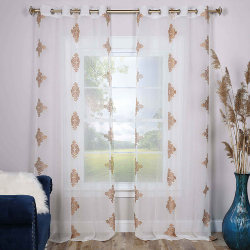 Embroidered Damask Sheer Grommet Curtain Panel Set - Gold