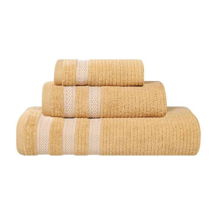 Zero Twist Cotton Ribbed Geometric Border Plush 3 Piece Towel Set