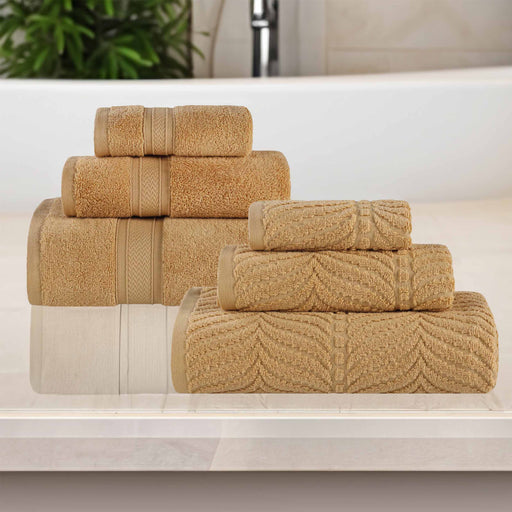 Cotton Solid & Jacquard Chevron 6 Piece Assorted Towel Set - Gold