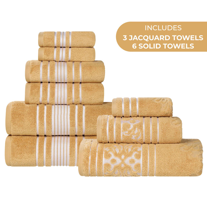 Sadie Zero Twist Cotton Solid and Jacquard Floral 9 Piece Towel Set