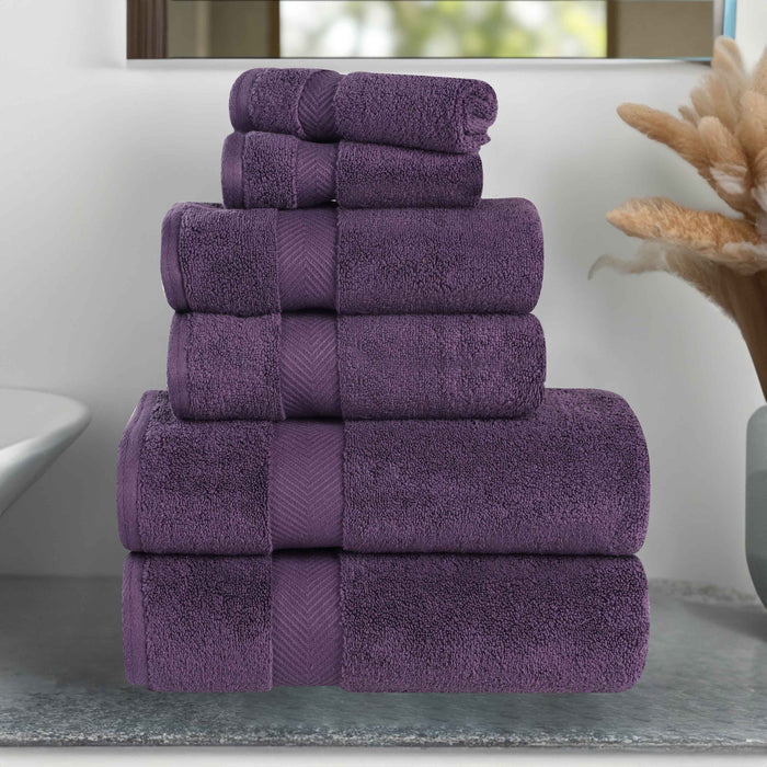 Wringcaster Zero-Twist Towel Set, 100% Combed Cotton, Chevron Border, 575 GSM, Quick-Dry, 6-Pieces - Grapseed