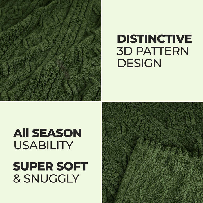 Boho Knit Jacquard Fleece Plush Fluffy Blanket - Green
