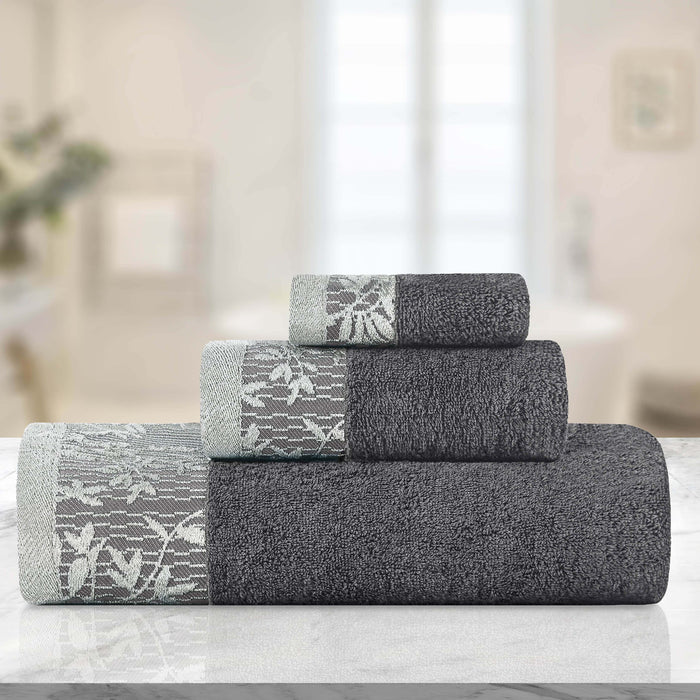 Wisteria Cotton Floral Embroidered Jacquard Border 3-Piece Towel Set