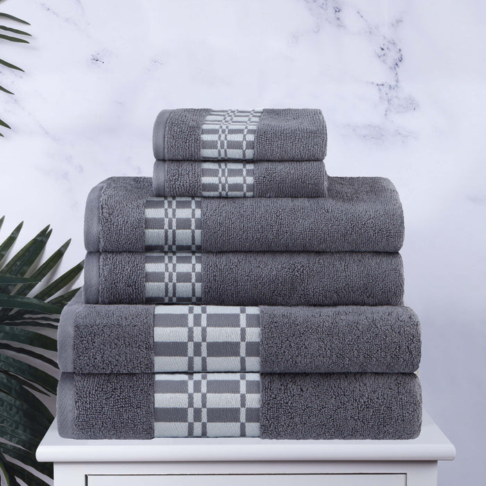 Larissa Cotton Geometric Embroidered Jacquard Border 6 Piece Towel Set - Grey