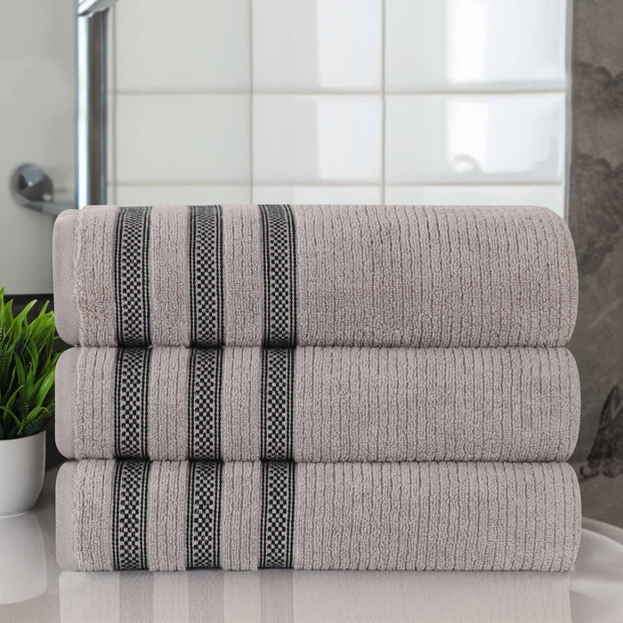 Zero Twist Cotton Ribbed Geometric Border Plush Bath Towel Set of 3