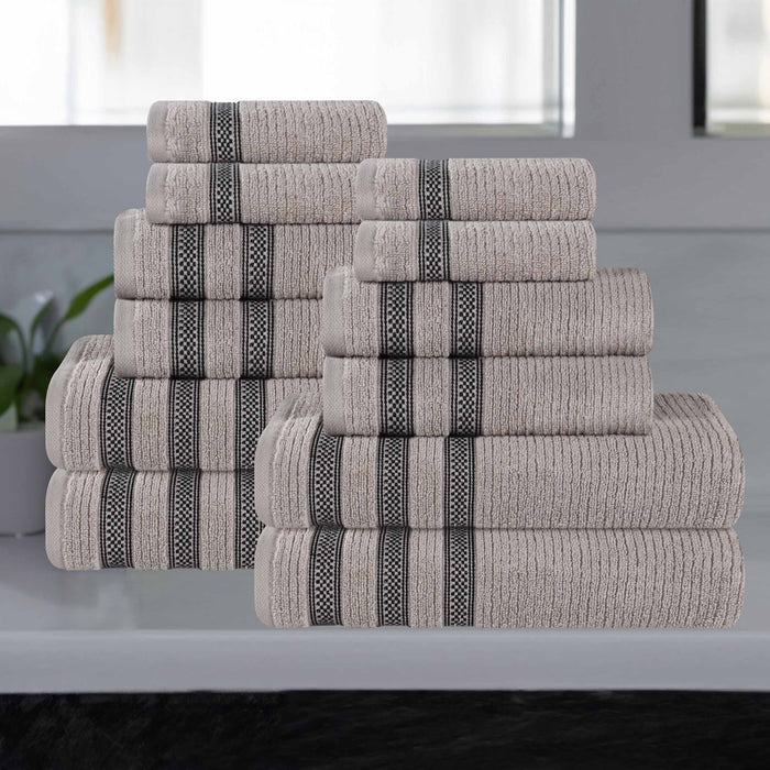 Zero Twist Cotton Ribbed Geometric Border Plush 12 Piece Towel Set