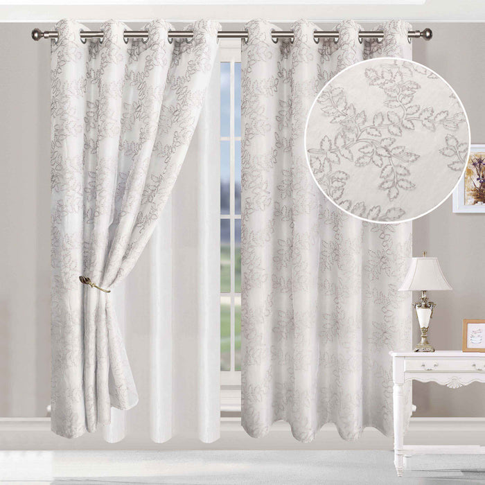 Embroidered Leaves Grommet 2 Piece Layered Sheer Curtain Panel Set