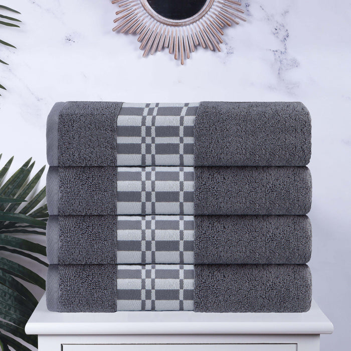 Larissa Cotton Geometric Embroidered Border Bath Towels, Set of 4 - Gray