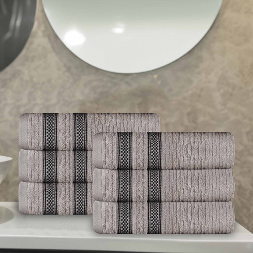 Zero Twist Cotton Ribbed Geometric Border Plush Hand Towel Set of 6 - Gray