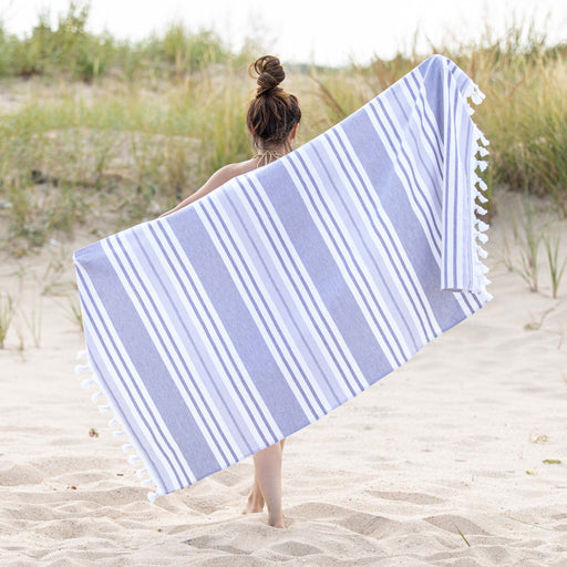 Racer Stripe Fouta 2 Piece Beach Towel Set with Tassels - Gray