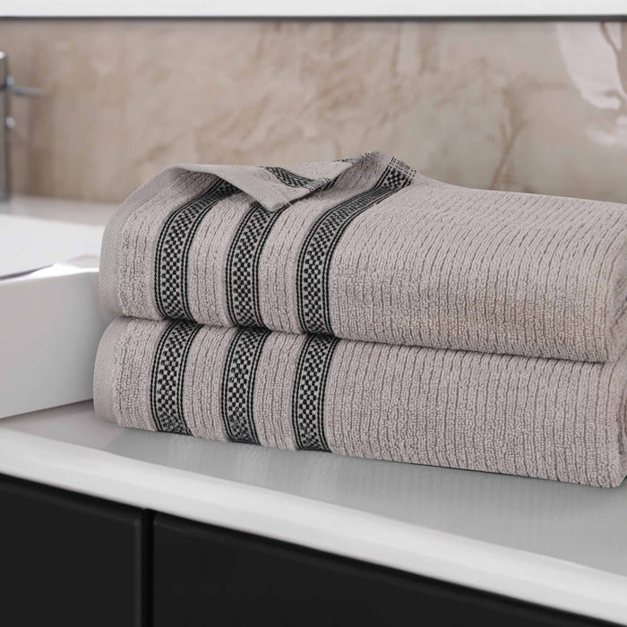 Zero Twist Cotton Ribbed Geometric Border Plush Bath Sheet Set of 2