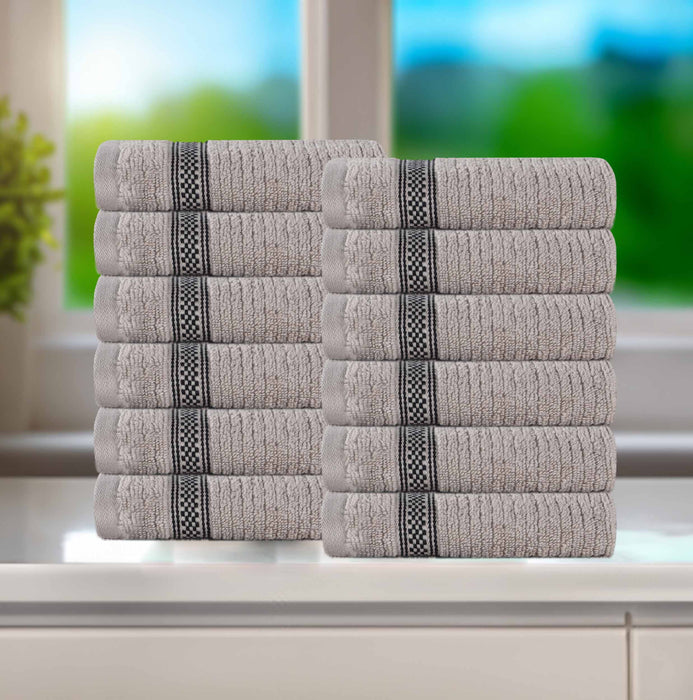 Zero Twist Cotton Ribbed Geometric Border Plush Face Towel Set of 12