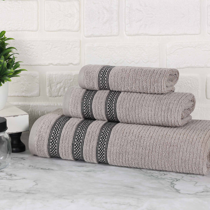 Zero Twist Cotton Ribbed Geometric Border Plush 3 Piece Towel Set