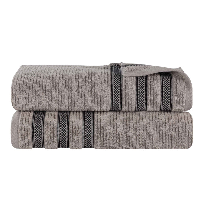 Zero Twist Cotton Ribbed Geometric Border Plush Bath Sheet Set of 2