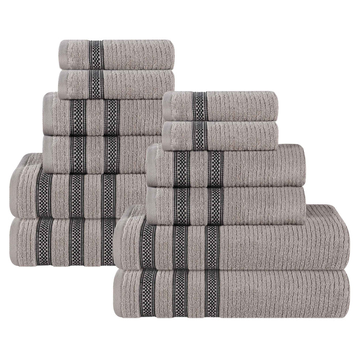 Zero Twist Cotton Ribbed Geometric Border Plush 12-Piece Towel Set - Gray