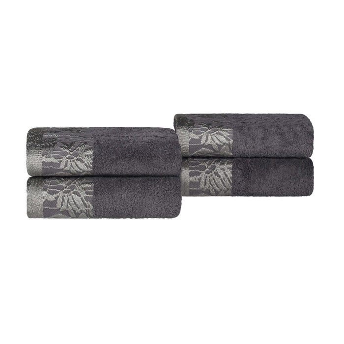 Wisteria Cotton Floral Embroidered Jacquard Border Hand Towel Set of 4