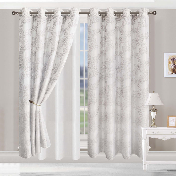 Embroidered Leaves Grommet 2 Piece Layered Sheer Curtain Panel Set