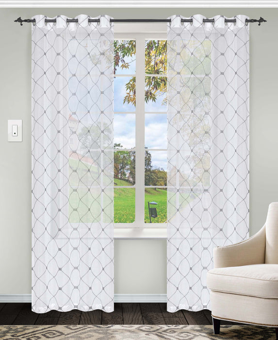 Heartleaf Embroidered Trellis Soft Diffused Light Sheer Curtain Set - Gray