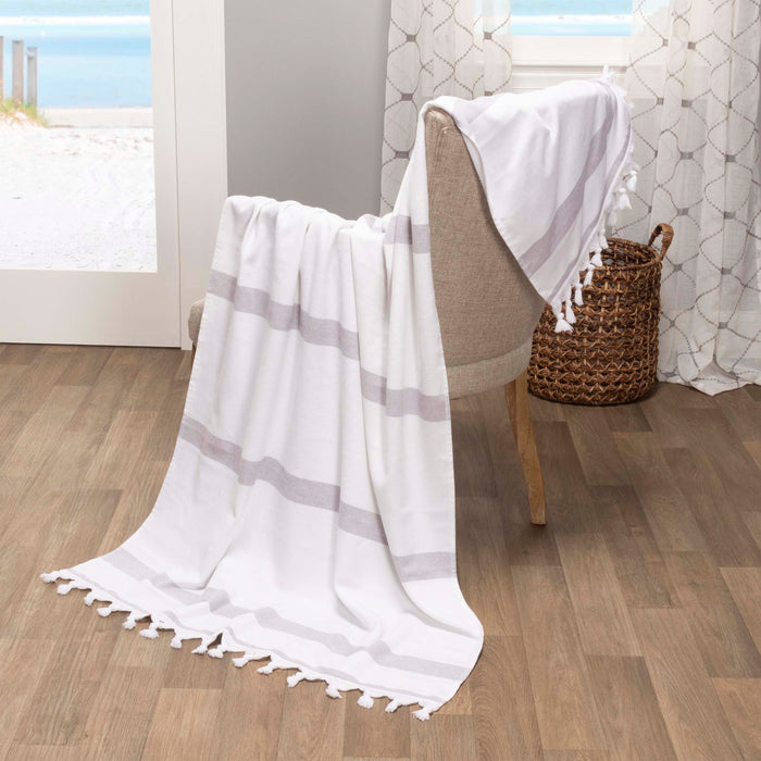 Tropical Cabana Stripe Fouta 2 Piece Beach Towel with Tassels - Gray