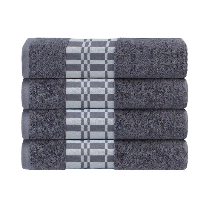Cotton Geometric Embroidered Jacquard Border 4 Piece Bath Towel Set - Grey