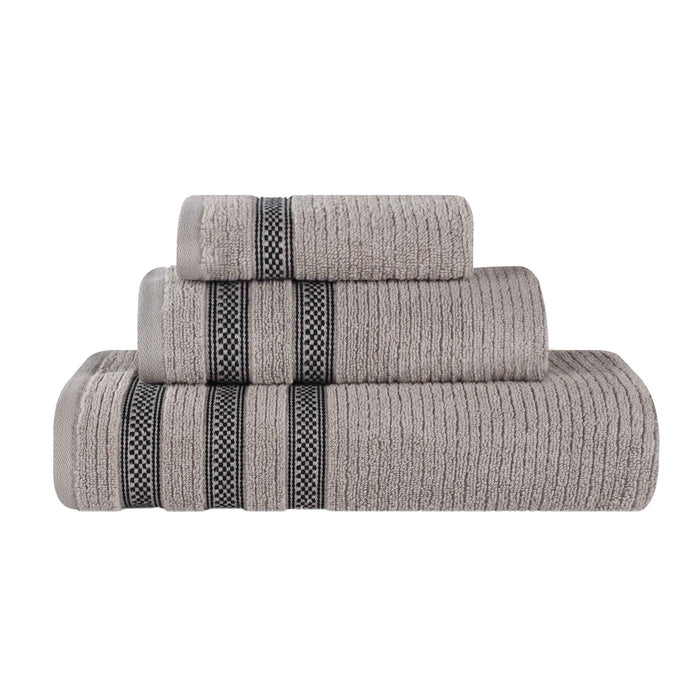 Zero Twist Cotton Ribbed Geometric Border Plush 3 Piece Towel Set