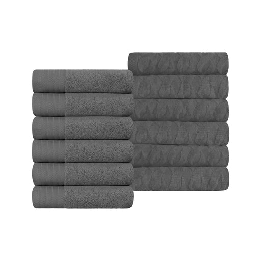 Turkish Cotton Jacquard Herringbone and Solid 12 Piece Face Towel Set - Gray