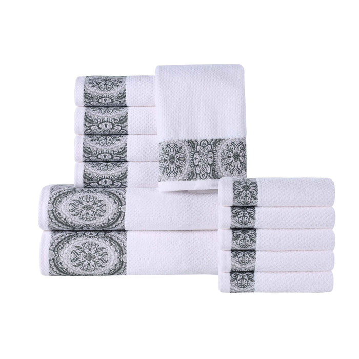 Medallion Cotton Jacquard Textured 12 Piece Assorted Towel Set - Gray