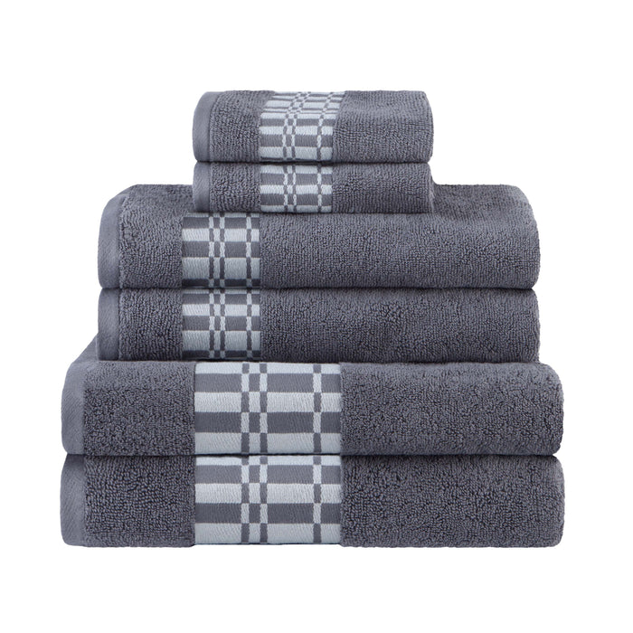 Larissa Cotton Geometric Embroidered Border 6-Piece Assorted Towel Set - Gray