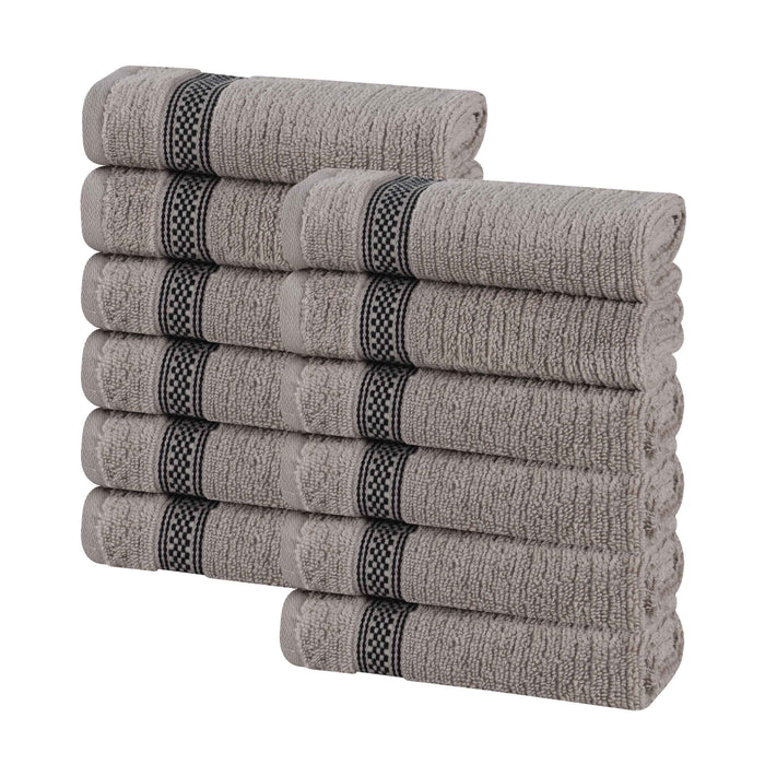 Zero Twist Cotton Ribbed Geometric Border Plush Face Towel Set of 12