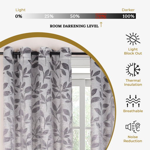 Leaves Machine Washable Room Darkening Blackout Curtains - Gray