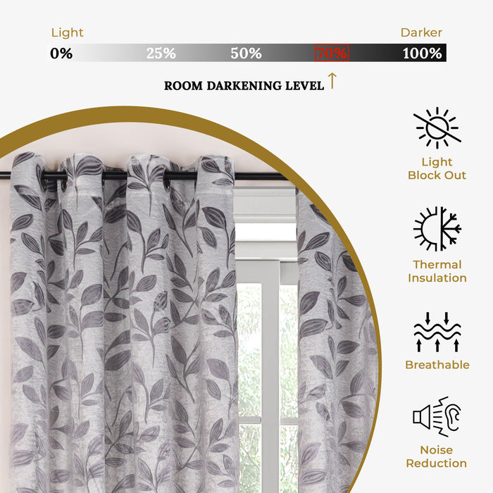 Leaves Machine Washable Room Darkening Blackout Curtains - Gray