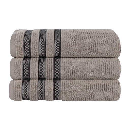 Zero Twist Cotton Ribbed Geometric Border Plush Bath Towel Set of 3 - Gray