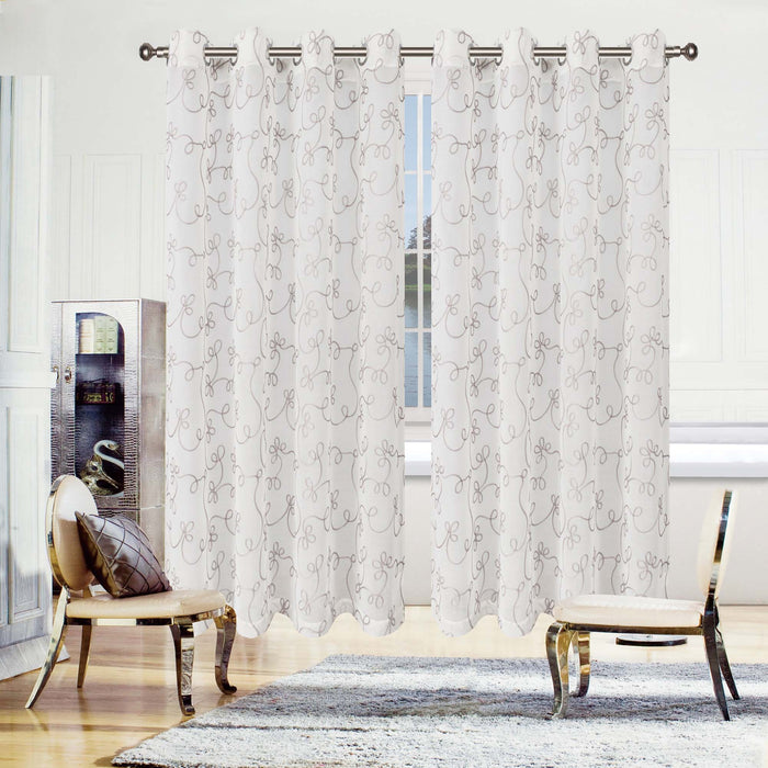 Embroidered Lightweight Sheer Floral Scroll Curtain Panel Set - Gray