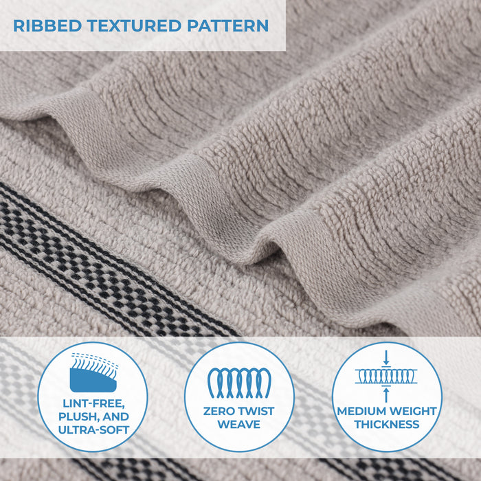 Zero Twist Cotton Ribbed Geometric Border Plush Bath Sheet Set of 2 - Gray