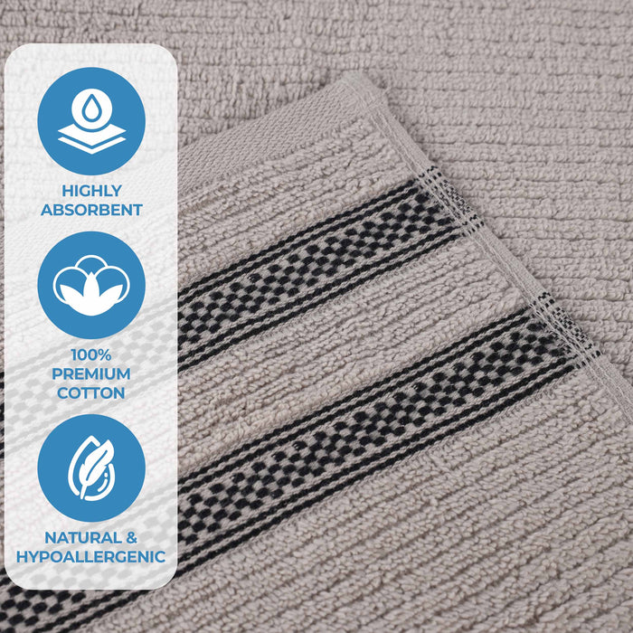 Zero Twist Cotton Ribbed Geometric Border Plush Face Towel Set of 12 - Gray