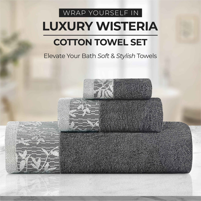 Wisteria Cotton Floral Embroidered Jacquard Border Bath Towel Set of 4