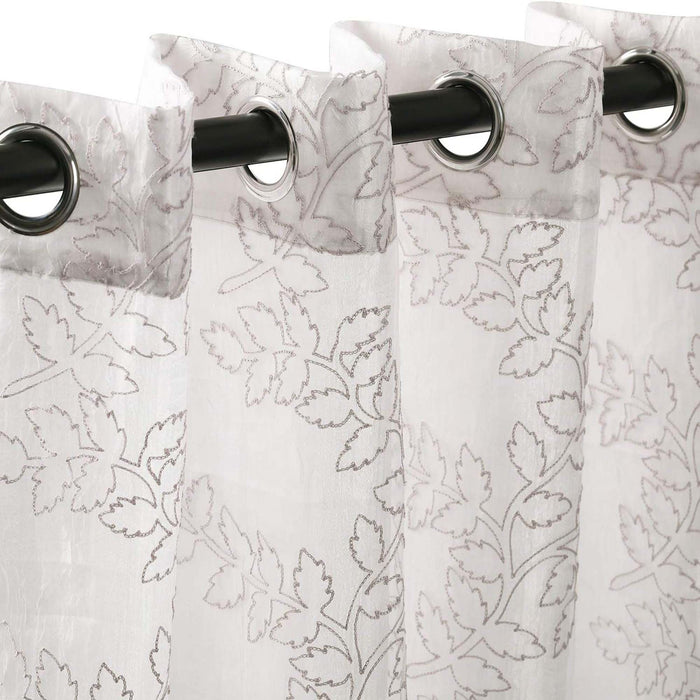 Embroidered Leaves Grommet 2 Piece Layered Sheer Curtain Panel Set - Gray