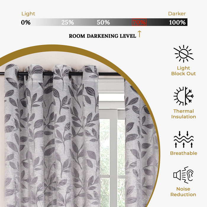 Leaves Machine Washable Room Darkening Blackout Curtains, Set of 2 -Grey