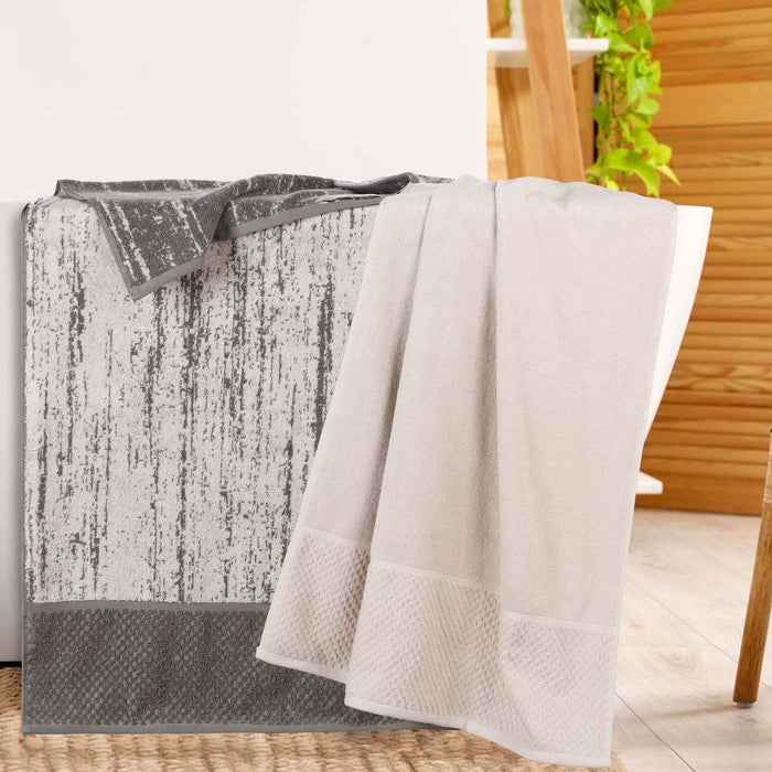 Lodie Cotton Plush Jacquard Solid and Two-Toned Bath Sheet Set of 2 - Ivory/Charcoal