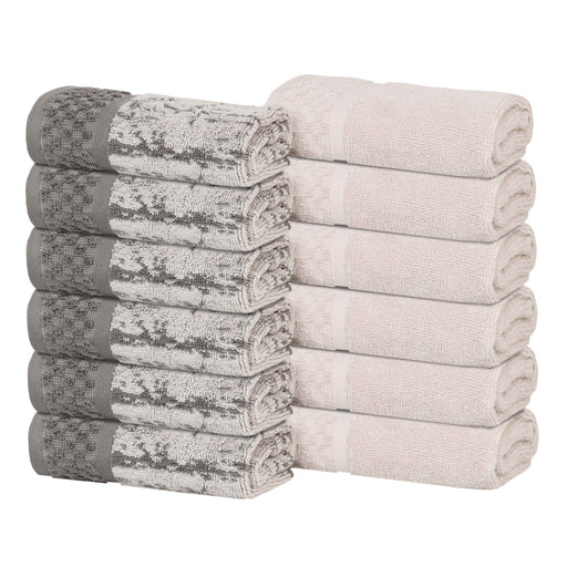 Lodie Cotton Plush Jacquard Solid and Two-Toned Face Towel Set of 12 - Ivory/Charcoal